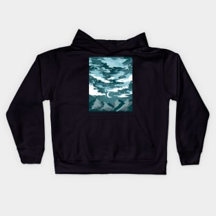 Teal cloudy sky above mountains with a crescent moon Kids Hoodie